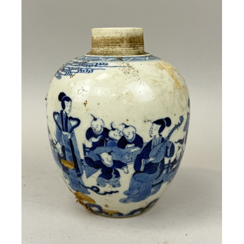 290 - A CHINESE BLUE AND WHITE JAR OF OVOID FORM DECORATED WITH FIGURES POSSIBLY KANGXI PERIOD
16 cm H... 