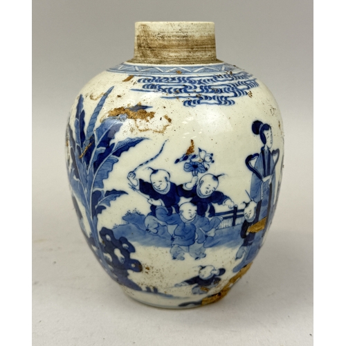 290 - A CHINESE BLUE AND WHITE JAR OF OVOID FORM DECORATED WITH FIGURES POSSIBLY KANGXI PERIOD
16 cm H... 