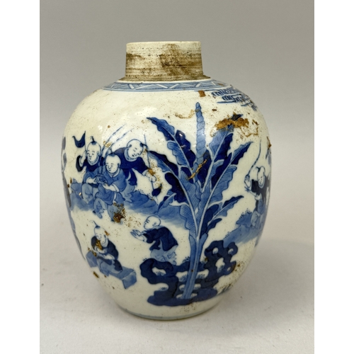 290 - A CHINESE BLUE AND WHITE JAR OF OVOID FORM DECORATED WITH FIGURES POSSIBLY KANGXI PERIOD
16 cm H... 