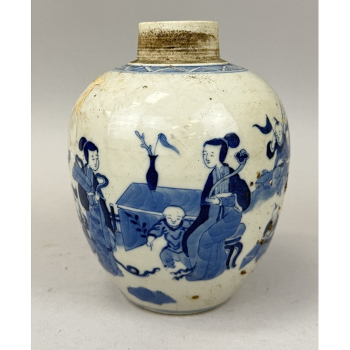290 - A CHINESE BLUE AND WHITE JAR OF OVOID FORM DECORATED WITH FIGURES POSSIBLY KANGXI PERIOD
16 cm H... 
