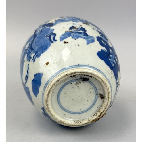 290 - A CHINESE BLUE AND WHITE JAR OF OVOID FORM DECORATED WITH FIGURES POSSIBLY KANGXI PERIOD
16 cm H... 