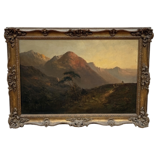636 - CIRCLE OF ALFRED DE BREANSKI SNR (BRITISH 1852-1928): AN OIL PAINTING ON CANVAS DEPICTING A SHEPHERD... 