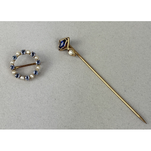 45B - AN ANTIQUE PIN SET WITH SAPPHIRE AND PEARL ALONG WITH A SMALL CIRCULAR BROOCH
Weight: 2.7gms... 
