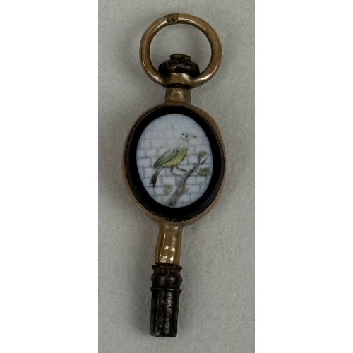 182 - A 19TH CENTURY MICRO MOSAIC STYLE POCKET WATCH/FOB KEY DECORATED ON EACH SIDE WITH A RABBIT AND BIRD... 