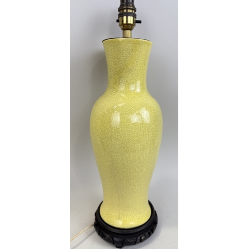 232 - A CHINESE CRACKLE GLAZED YELLOW VASE ADAPTED FOR A LAMP
Vase 35cm H