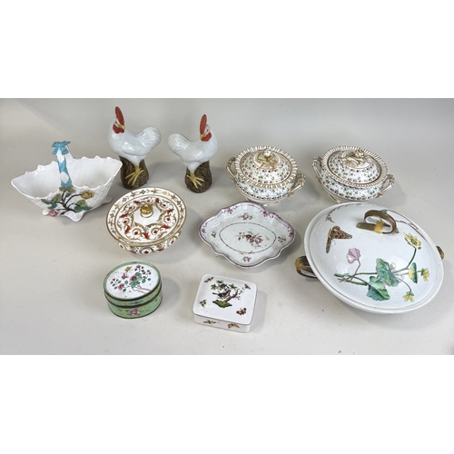 233 - CERAMICS TO INCLUDE CHINESE COCKERELS, MINTONS TUREEN, A CHINESE ENAMEL BOX, HEREND BOX
 ... 