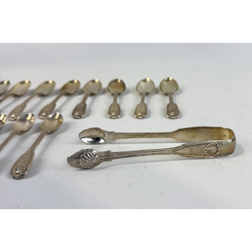 65 - TWELVE VICTORIAN SILVER TEASPOONS TOGETHER WITH A PAIR OF SUGAR TONGS PART GEORGE ALDWINCKLE AND PAR... 