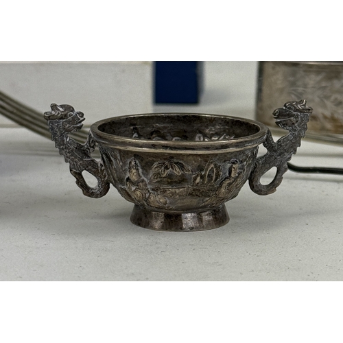 81 - A COLLECTION OF SILVER ITEMS TO INCLUDE ASIAN TWIN HANDLED TOASTING CUP
Total silver weight (excludi... 