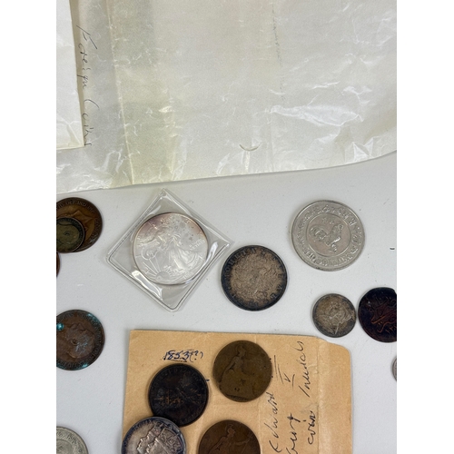 91 - A LARGE COLLECTION OF COINS TO INCLUDE SILVER, GEORGIAN, BRONZE, US 1OZ SILVER, COMMEMORATIVE (QTY)... 