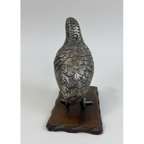 287 - A JAPANESE MEIJI PERIOD SILVERED BRONZE QUAIL OKIMONO WITH WOODEN STAND
13.5 cm H