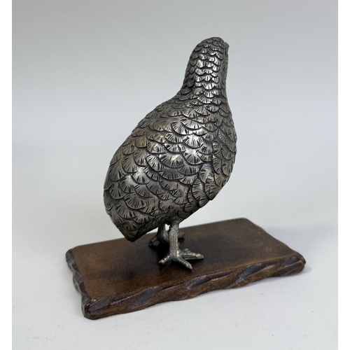 287 - A JAPANESE MEIJI PERIOD SILVERED BRONZE QUAIL OKIMONO WITH WOODEN STAND
13.5 cm H