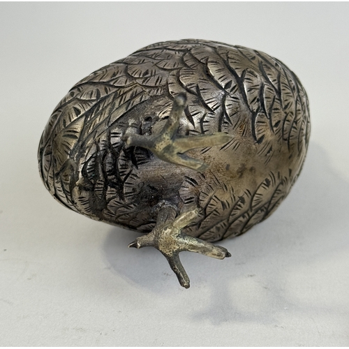287 - A JAPANESE MEIJI PERIOD SILVERED BRONZE QUAIL OKIMONO WITH WOODEN STAND
13.5 cm H