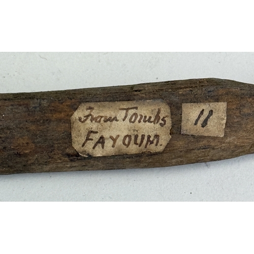 311 - CURIOSITIES TO INCLUDE LARGE MEDIEVAL OR EARLIER BARBED SPEAR HEADS, ANCIENT EGYPTIAN WOODEN ITEM FR... 