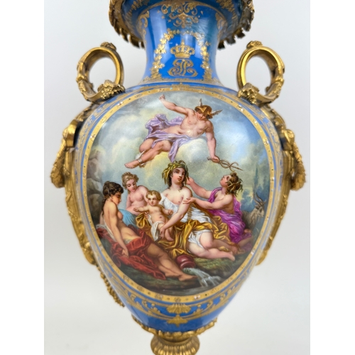 312 - A LARGE 19TH CENTURY SEVRES STYLE BLUE VASE WITH PAINTED PANELS AND ORMOLU MOUNTS, GILT INSIGNIA WIT... 
