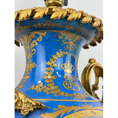 312 - A LARGE 19TH CENTURY SEVRES STYLE BLUE VASE WITH PAINTED PANELS AND ORMOLU MOUNTS, GILT INSIGNIA WIT... 