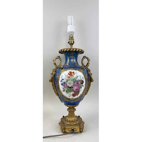 312 - A LARGE 19TH CENTURY SEVRES STYLE BLUE VASE WITH PAINTED PANELS AND ORMOLU MOUNTS, GILT INSIGNIA WIT... 