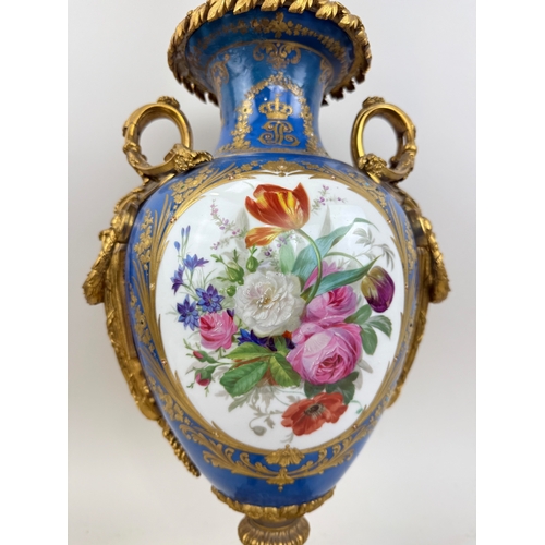 312 - A LARGE 19TH CENTURY SEVRES STYLE BLUE VASE WITH PAINTED PANELS AND ORMOLU MOUNTS, GILT INSIGNIA WIT... 