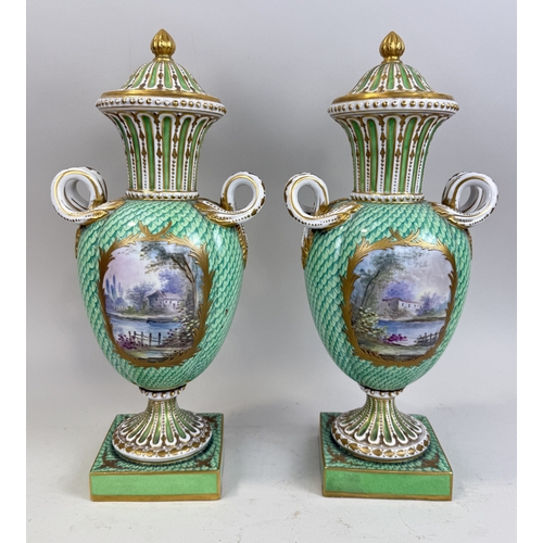 322 - A PAIR OF FRENCH PORCELAIN URNS AND COVERS, GREEN GROUND WITH PAINTED CARTOUCHES DEPICTING TWO LOVER... 