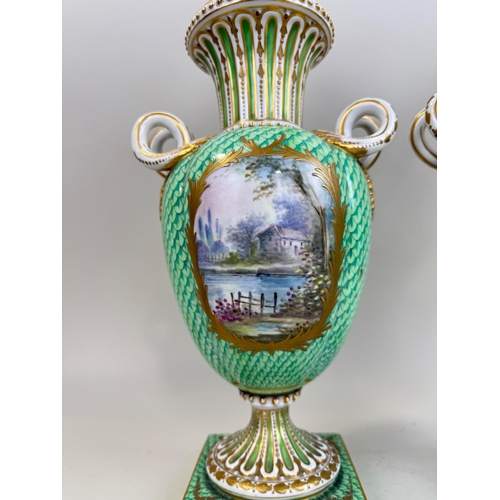 322 - A PAIR OF FRENCH PORCELAIN URNS AND COVERS, GREEN GROUND WITH PAINTED CARTOUCHES DEPICTING TWO LOVER... 