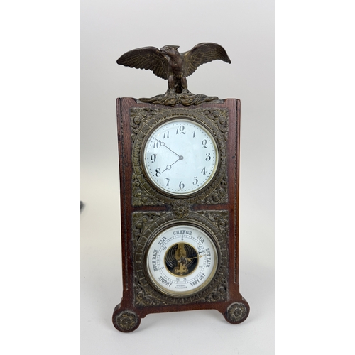 333 - AN ANTIQUE CLOCK AND BAROMETER WITH BRASS MOUNTS AND EAGLE SURMOUNT
With key.
35cm x 18cm... 
