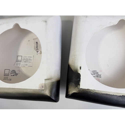 334 - KARIN SCHOSSER (B.1946): TWO PAINTED CERAMIC WALL PLAQUES, 'ART FOR OFFICES'
Labelled to verso.
30cm... 