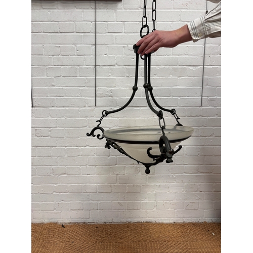 344 - A PAIR OF HEAVY VERDI-GRIS METAL AND FROSTED GLASS CEILING LIGHTS WITH GRIFFIN CAST SUPPORTS
66 x 44... 