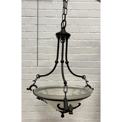 344 - A PAIR OF HEAVY VERDI-GRIS METAL AND FROSTED GLASS CEILING LIGHTS WITH GRIFFIN CAST SUPPORTS
66 x 44... 