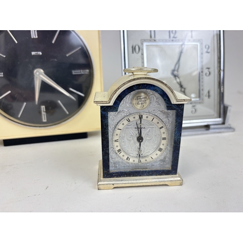 347 - A COLLECTION OF EIGHT CLOCKS TO INCLUDE ART DECO AND BRASS 8 DAY MOVEMENT MANTEL CLOCK
Largest: 16cm... 