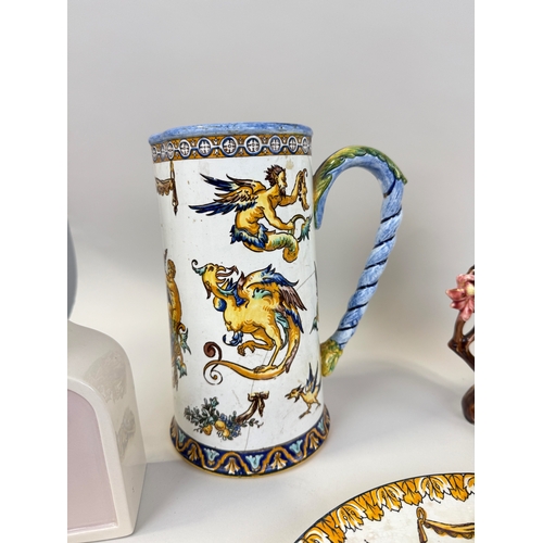 469 - DECORATIVE CERAMICS TO INCLUDE GIEN, CANDLESTICKS, DOLPHIN, TILES
Largest 39cm H