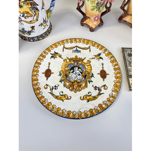 469 - DECORATIVE CERAMICS TO INCLUDE GIEN, CANDLESTICKS, DOLPHIN, TILES
Largest 39cm H