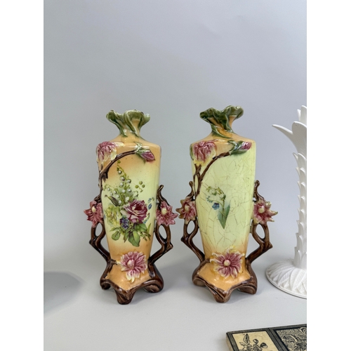 469 - DECORATIVE CERAMICS TO INCLUDE GIEN, CANDLESTICKS, DOLPHIN, TILES
Largest 39cm H