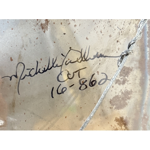 477 - THREE PAINTED METALLIC ARTWORKS MOUNTED IN PERSPEX FRAMES
40cm x 38cm each.
Signed indistinctly to v... 