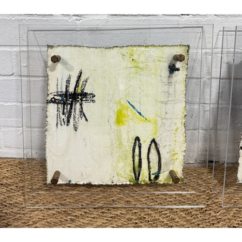 477 - THREE PAINTED METALLIC ARTWORKS MOUNTED IN PERSPEX FRAMES
40cm x 38cm each.
Signed indistinctly to v... 