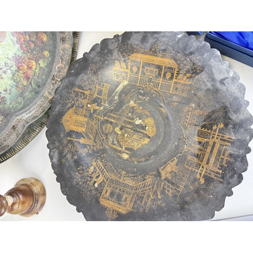 535 - A CHNIESE PAPIER MACHE TRAY TOGETHER WITH ANOTHER TRAY, TWO LAMPS, SHEAFFER ROYAL DOULTON CESK SET A... 