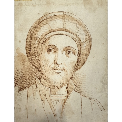 AN OLD MASTER BROWN INK DRAWING ON PAPER DEPICTING A YOUNG MAN WEARING ...