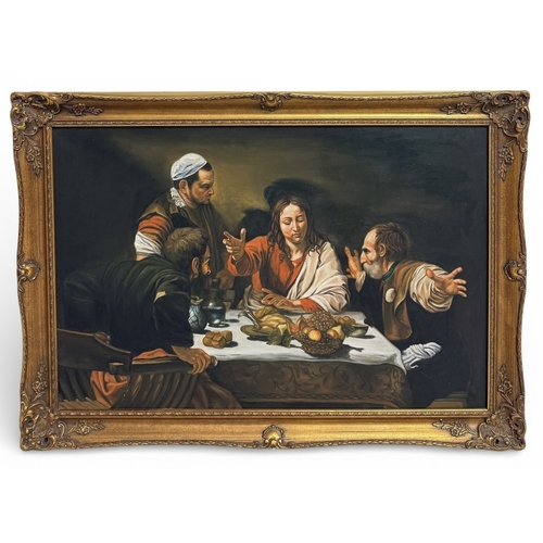 1014 - AFTER CARAVAGGIO: A LARGE OIL PAINTING ON CANVAS 'SUPPER AT EMMAUS'
90cm x 61cm
Framed.... 