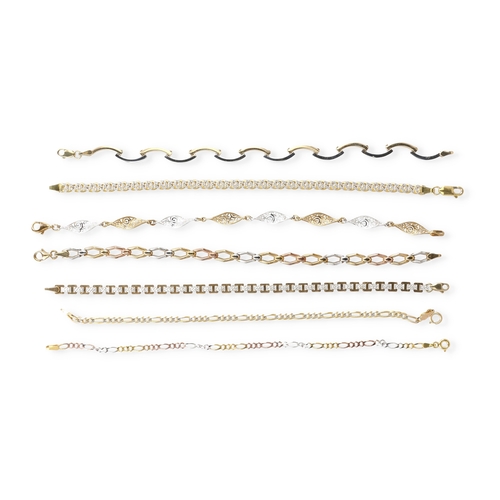 16 - SEVEN 9CT TWO AND THREE COLOUR GOLD BRACELETS, OF VARYING DESIGNS
Total weight: 23.6 gms... 