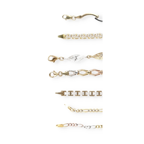 16 - SEVEN 9CT TWO AND THREE COLOUR GOLD BRACELETS, OF VARYING DESIGNS
Total weight: 23.6 gms... 
