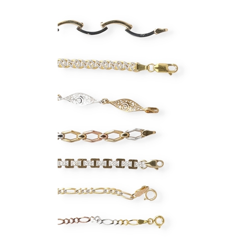 16 - SEVEN 9CT TWO AND THREE COLOUR GOLD BRACELETS, OF VARYING DESIGNS
Total weight: 23.6 gms... 