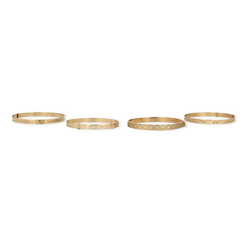 20B - FOUR MODERN 9CT GOLD BRACELETS, VARIOUSLY ENGRAVED AROUND THE SIDES
Weight: 25.3 gms