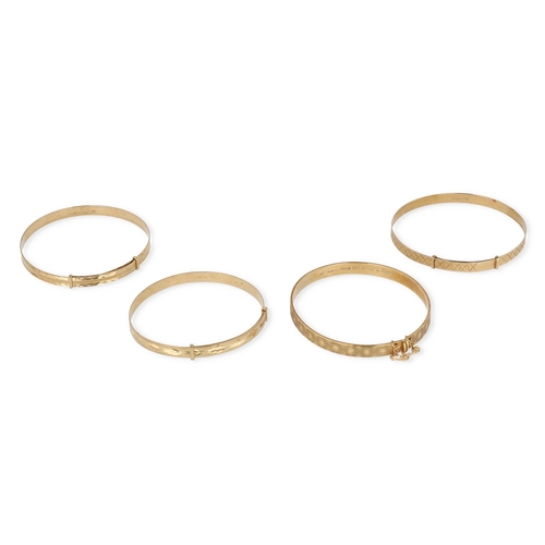 20B - FOUR MODERN 9CT GOLD BRACELETS, VARIOUSLY ENGRAVED AROUND THE SIDES
Weight: 25.3 gms