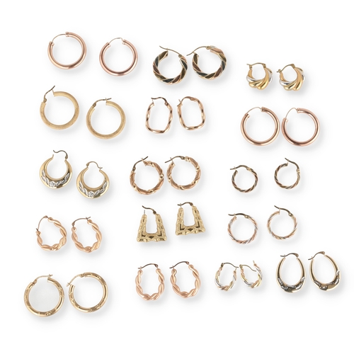 25 - A COLLECTION OF NINE PAIRS OF 9 CARAT GOLD HOOP EARRINGS TOGETHER WITH SEVEN PAIRS OF TWO OR THREE C... 