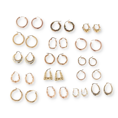 25 - A COLLECTION OF NINE PAIRS OF 9 CARAT GOLD HOOP EARRINGS TOGETHER WITH SEVEN PAIRS OF TWO OR THREE C... 