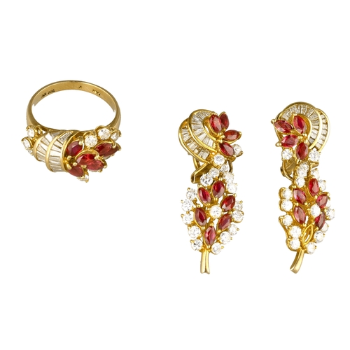 3 - AN 18CT GOLD, DIAMOND AND RUBY JEWELLERY SET COMPRISING A PAIR OF EARRINGS AND A RING
Total weight: ... 