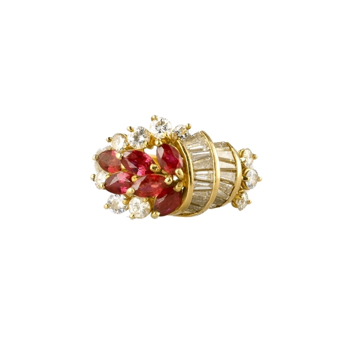 3 - AN 18CT GOLD, DIAMOND AND RUBY JEWELLERY SET COMPRISING A PAIR OF EARRINGS AND A RING
Total weight: ... 