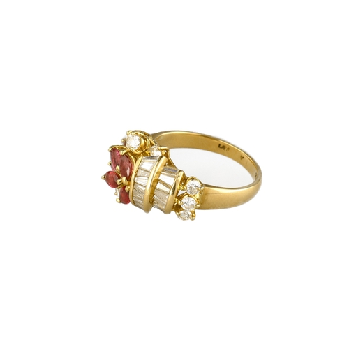3 - AN 18CT GOLD, DIAMOND AND RUBY JEWELLERY SET COMPRISING A PAIR OF EARRINGS AND A RING
Total weight: ... 