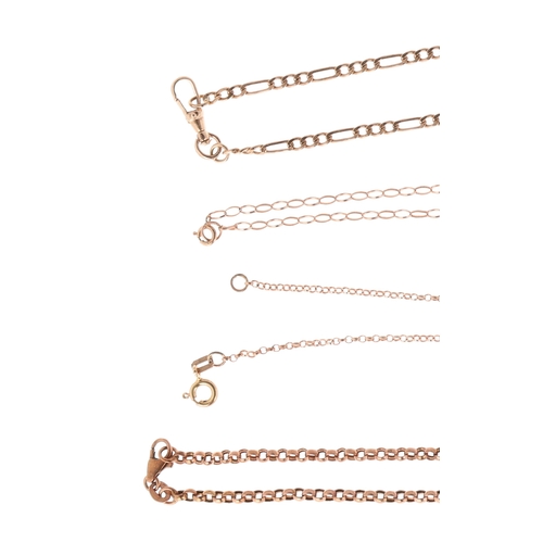 30 - FOUR ROSE GOLD NECK CHAINS OF VARYING DESIGN, TOGETHER WITH A ROSE GOLD MINIATURE KETTLE AND CAST RO... 