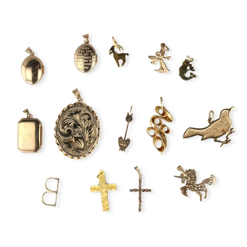33 - FOUR MODERN 9CT GOLD LOCKETS OF VARYING DESIGNS, TOGETHER WITH TEN 9CT GOLD PENDANTS AND CRUCIFIXES ... 