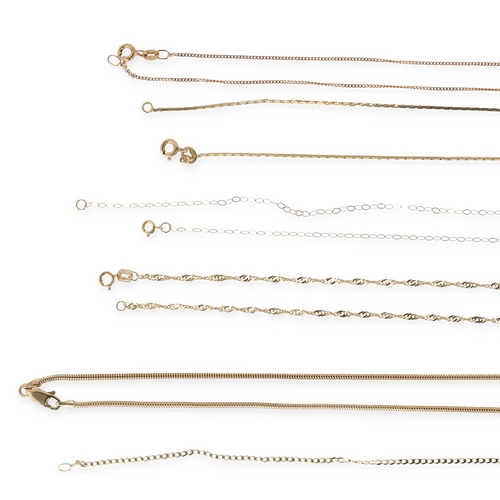 36 - TWELVE 9CT GOLD NECK CHAINS OF VARYING DESIGNS
Total weight: 21 gms