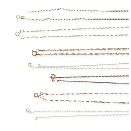 36 - TWELVE 9CT GOLD NECK CHAINS OF VARYING DESIGNS
Total weight: 21 gms